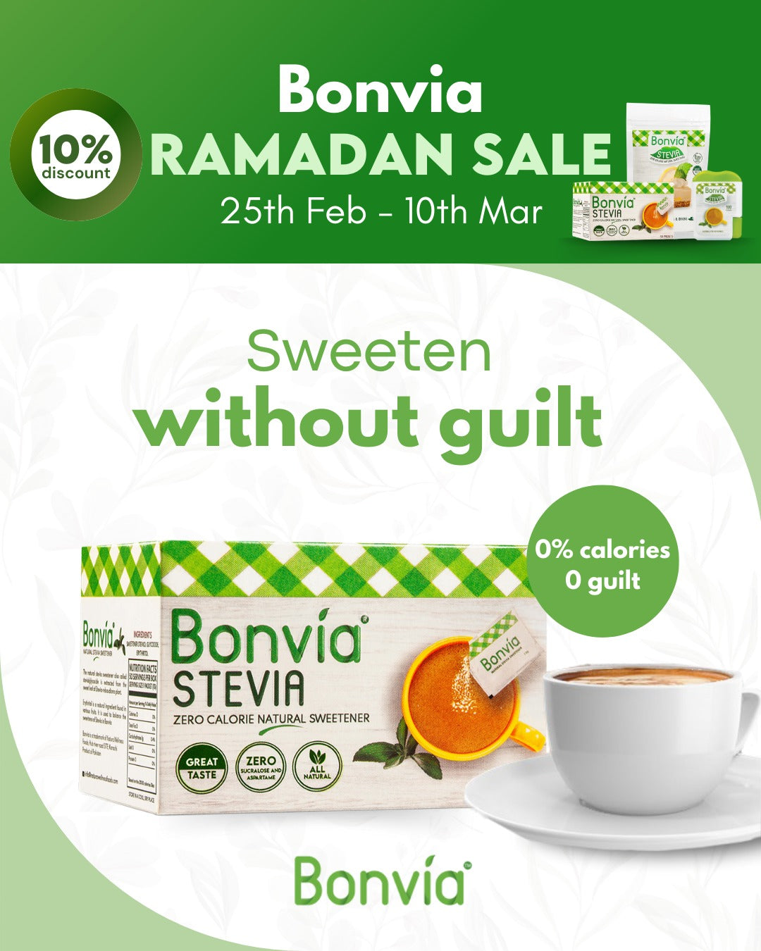 [With FREE gift] Bonvia Stevia Zero Calorie Sweetener (50 sachet)